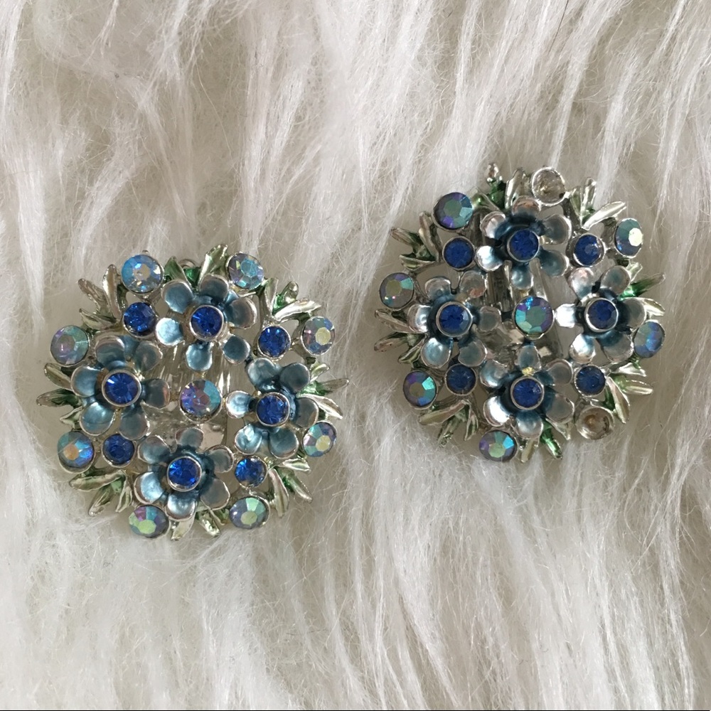Vintage Blue/Green Floral B.S.K. Clip On Earrings